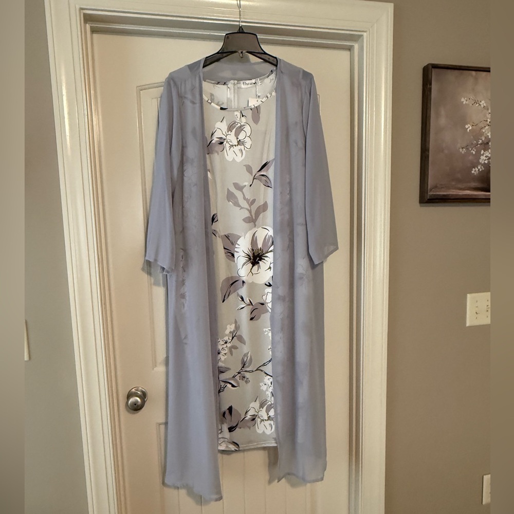 Light Grey Floral Midi Dress with Sheer Duster. New with tag.